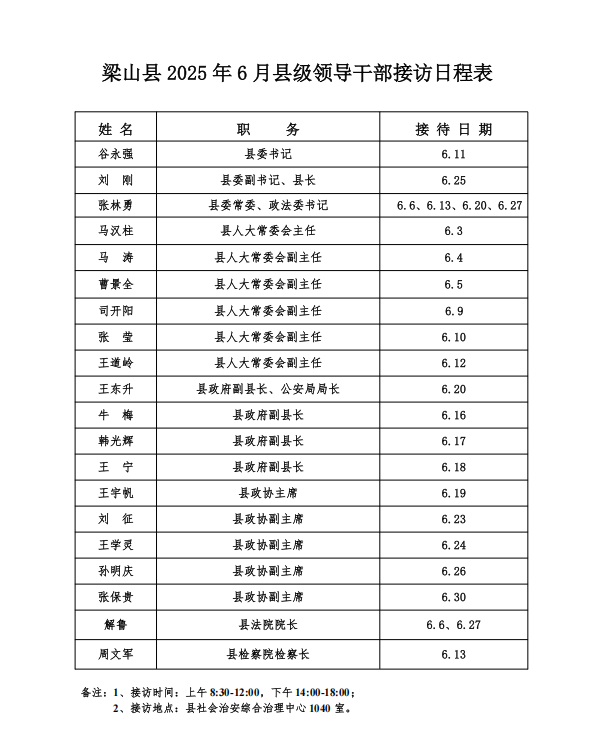 梁山縣2025年6月縣級(jí)領(lǐng)導(dǎo)接訪日程表
